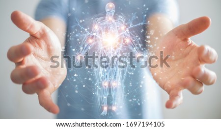 Man on blurred background using digital x-ray human body holographic scan projection 3D rendering Royalty-Free Stock Photo #1697194105