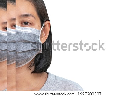 Template poster artwork, close up face Asian middle aged woman wearing medical mask, design stack of face image layers. Half face view out of frame. Space for text on others side.