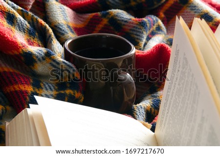 Cozy home interior. a Cup with a hot drink, a red plaid blanket and an old book. Royalty-Free Stock Photo #1697217670