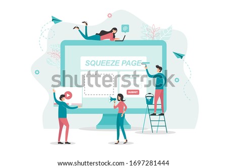 Squeeze page concept. People interact and work with a squeeze page. Web design process of a squeeze page. Vector illustration in flat style design on white background. Flat vector illustration.