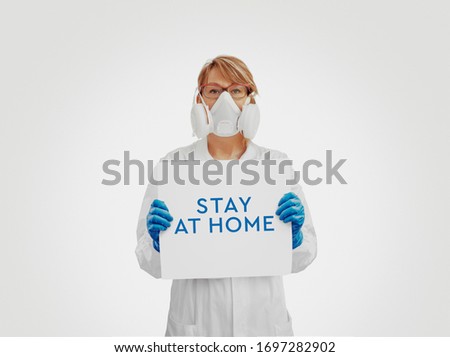 Medical doctor or scientist suggesting to stay at home to avoid corona virus pandemic, campaign coronavirus prevention