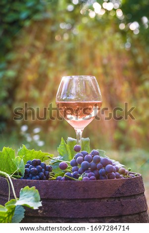 Glass of pink wine and red grapes with leaves on old barrel in green garden on sunny day. Vertical picture