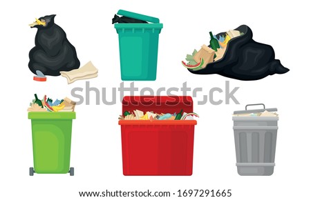 Trash Bins and Sacks Full with Refuse and Garbage Vector Set Royalty-Free Stock Photo #1697291665