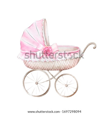 Pink stroller for baby girl.Watercolor hand drawn illustrations isolated on white background.
