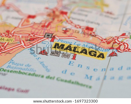 A map with the focus on the city of Malaga . Holiday concept mediterranean