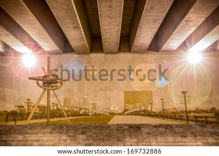 Indianapolis skyline as wall drawing on the support column of an overpass