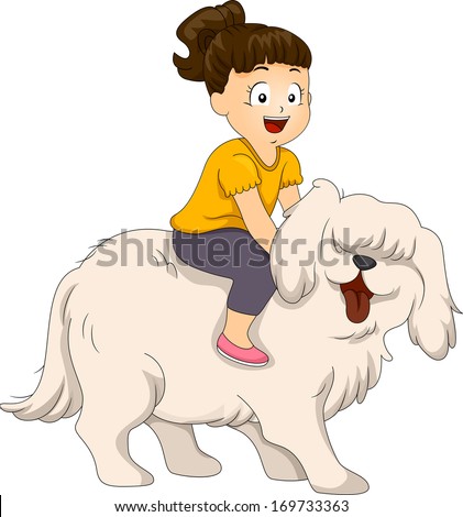 Illustration of a Little Girl Sitting on the Back of Her Dog