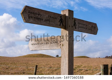 Wiltshire Footpath Sign to Amesbury, Wilsford cum Lake and Stonehenge.
