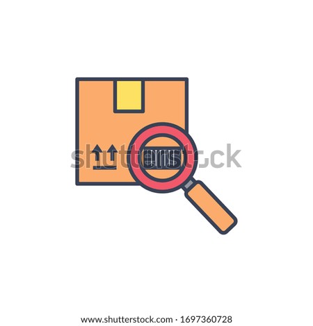 package box with barcode and magnifying glass icon over white background, line and fill style, vector illustration