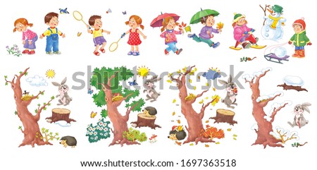 Four seasons. Spring, summer, autumn, winter. Set of 8 pictures. Cute boy and girl are playing outdoors. In the forest. Coloring book. Poster. Illustration for children. Cartoon characters