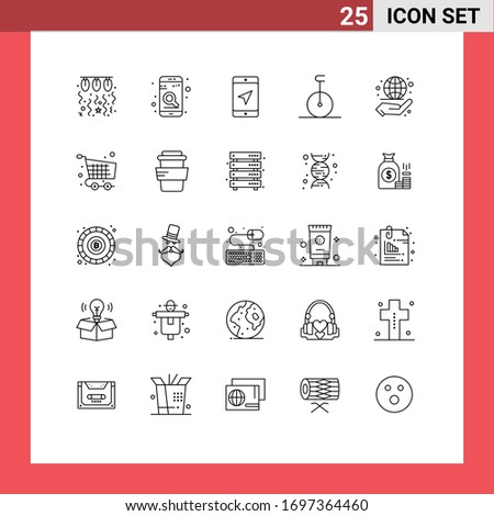 25 Thematic Vector Lines and Editable Symbols of globe; transport; search; monocycle; service Editable Vector Design Elements