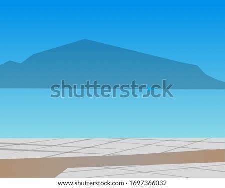 Natural landscape vector, seaside with mountains silhouette and paved road. Vacation by ocean and nature, summer traveling, journey to seashore illustration in flat style design for web, print