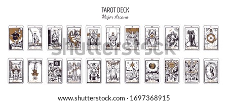 Big Tarot card deck.  Major arcana set part  . Vector hand drawn engraved style. Occult and alchemy symbolism. The fool, magician, high priestess, empress, emperor, lovers, hierophant, chariot Royalty-Free Stock Photo #1697368915