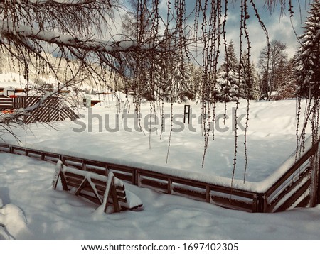 Deep snow covers the outdoor sports pitch, basketball court or ‘Citistade’ in Les Gets. Low hanging snowy tree branches hide the cloudy sky and there is a snow covered park bench in the foreground.