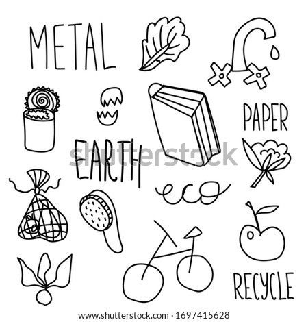 Set of vector ecology of elements. Lettering recycle,paper,metal,earth,eco,apple,metal can, lettuce sheet,egg shell, bicycle,eco-packaging,sandwich,radish, cotton discs, wooden brace,shower,paper.