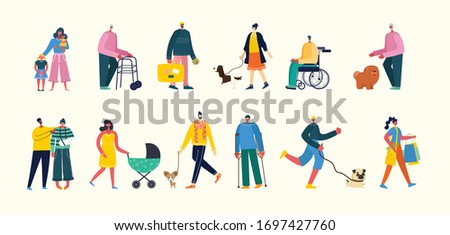 Vector illustration background in flat design of group people walking outdoor in the park on weekend