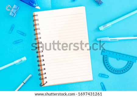 School supplies in blue color Back to school concept Flat lay Top view, copy space
