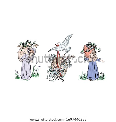 Happy Easter. Girl in vintage dress holds easter egg with flowers. Pigeon in flight. Decor for spring religion holiday. Hand drawn retro clip art. 
