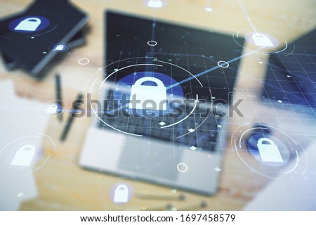 Creative light lock illustration with microcircuit on modern computer background, cyber security concept. Multiexposure