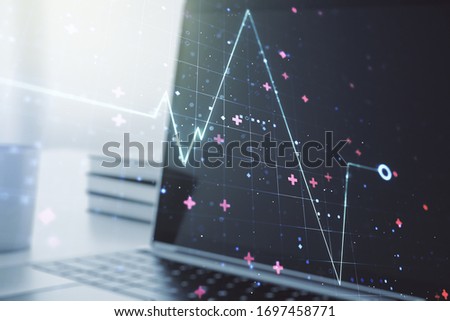 Creative abstract heart rate sketch on modern laptop background, Medicine and healthcare concept. Multiexposure