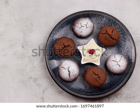 Cocoa muffins with yogurt on a round plate on a light gray background. Top view, flat lay