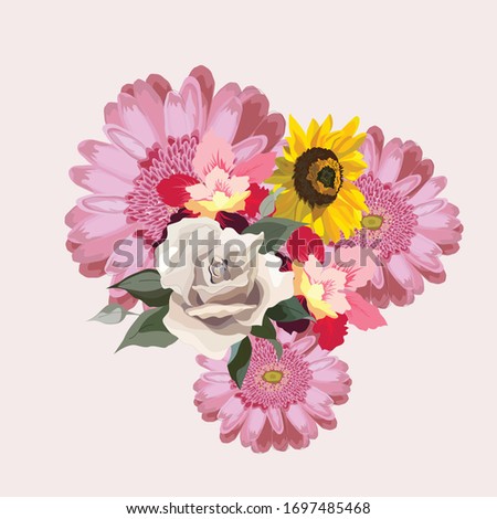 Vector flower illustration: bouquet of flowers: rose, gerbera and sun flower. Wedding design: invitations, cards, background design - Vector 