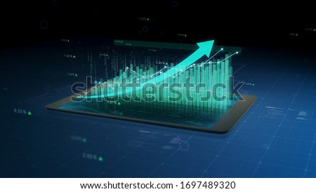 Stock market growth, financial success results monitored on a tablet or phone, numbers and arrows. 3D close up view, 4K 30fps. Royalty-Free Stock Photo #1697489320