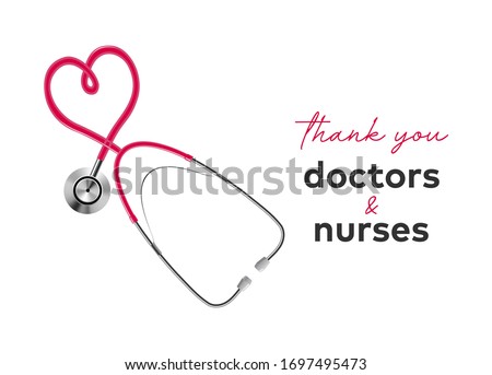 3D Stethoscope Medical Instrument with Red Heart Shape. Thank You Doctor and Nurse. Coronavirus Pandemic Prevention. Stay Home, Be Safe Royalty-Free Stock Photo #1697495473