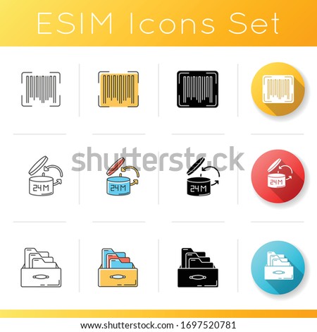 Inventory management icons set. Product barcode and shelf life, quality indicators. Accounting card system. Linear, black and RGB color styles. Isolated vector illustrations