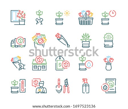 Flowers symbols color linear vector icon set. Outline symbol collection includes blooming flowers, potted plants, flower business, floristry, gardening and plant care. Profession and hobby concept Royalty-Free Stock Photo #1697523136