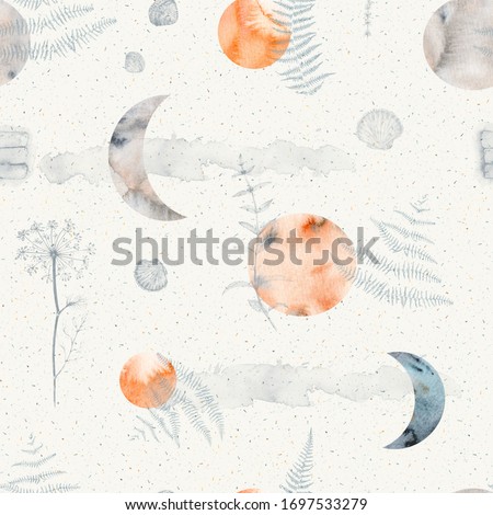 Watercolor abstract seamless pattern with moon, crescent, watercolor spots and textures, herbs, shells and more. For the decor.