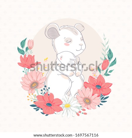 Mouse family character with flowers. Vector illustration. Mom and baby. 