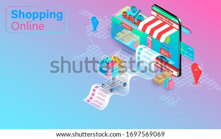 Shopping online on Website or Mobile Application with credit cart. Shopping cart with Fast delivery global. isometric flat vector design