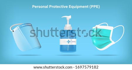 Isolated medical personal protective equipment face shield, mask, and alcohol gel on background. Pandemic covid-19 virus and protection coronavirus concept. Vector illustration design. Royalty-Free Stock Photo #1697579182