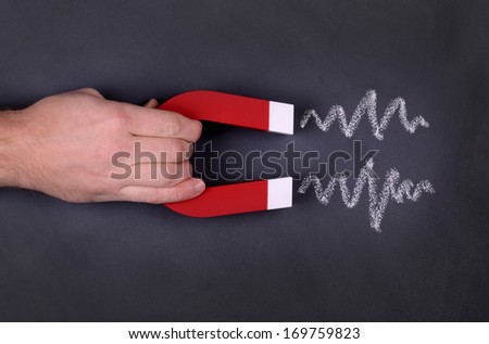 A magnet with zig zag lines showing attraction on a chalk board Royalty-Free Stock Photo #169759823