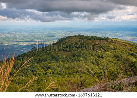 Scenic View of Mountain and Forest in Thailand from National Park while Hiking up to the summit. Dry and hot weather forest.
