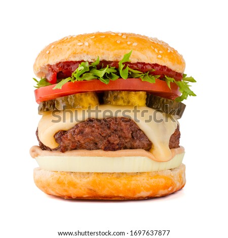 One big tall classic hamburger burger cheeseburger isolated on white background