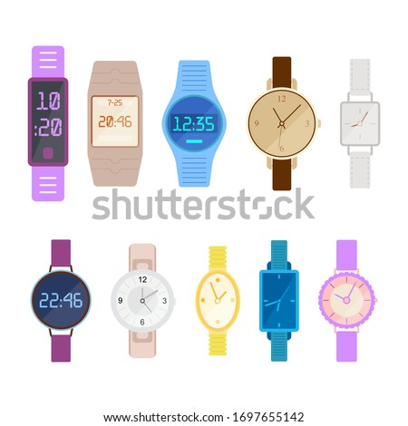 A set of hand-held clocks that show time, electronic and mechanical 
clocks. Vector illustration in flat style. Vector, eps 10. Royalty-Free Stock Photo #1697655142