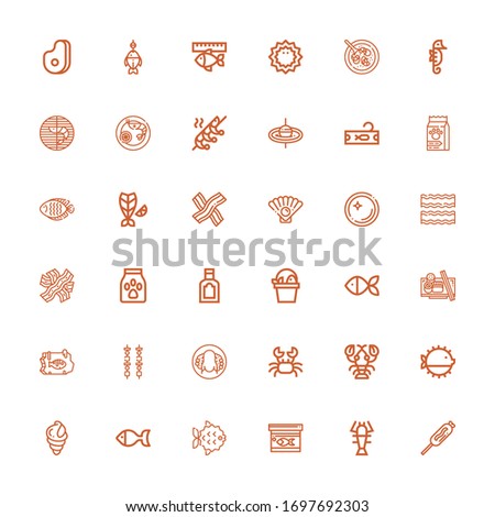 Editable 36 seafood icons for web and mobile. Set of seafood included icons line Food, Lobster, Fish food, Fish, Seashell, Puffer fish, Crab, Peking duck, Brochette on white background