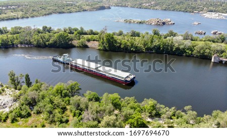 Aerial View Industrial - Cargo shipping / River cargo ship / Barge with cargo on the river / ship, shipping, river, barge, ship / Судоходство и речной флот