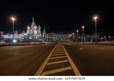 Night view on absolutely empty streets in the centre of Moscow near the Kremlin due to a quarantine. Spring 2020.