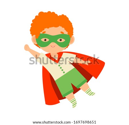 Cute Boy in Superhero Costume and Mask Flying. Happy smile little boy wear red cape. Little Boy. Comic party cartoon vector illustration.