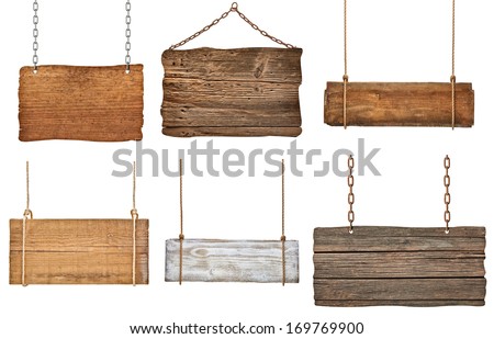 collection of various empty wooden signs hanging on a rope and chain on white background. each one is shot separately Royalty-Free Stock Photo #169769900