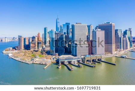 Aerial view of the Lower Manhattan city skyline from New York harbor