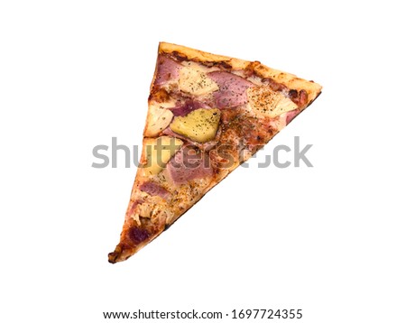 A piece of Hawaiian Pizza with pineapple, ham and spice on white background.