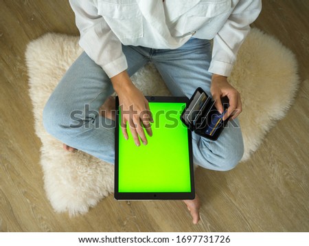 Woman at home shopping online chroma key