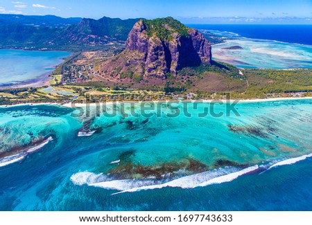 Aerial view of Le Morne Brabant in Mauritius, a UNESCO World Heritage Site