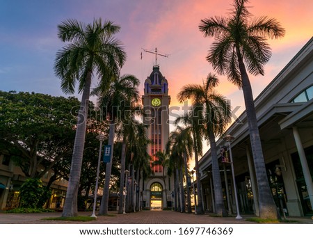 Honolulu tower during sunset in Honolulu Royalty-Free Stock Photo #1697746369