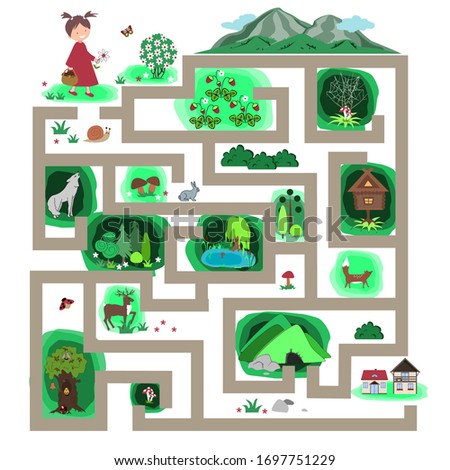 Vector labyrinth with girl that should find the right way to the home. Task for kids, forest path maze with dangers and adventures.