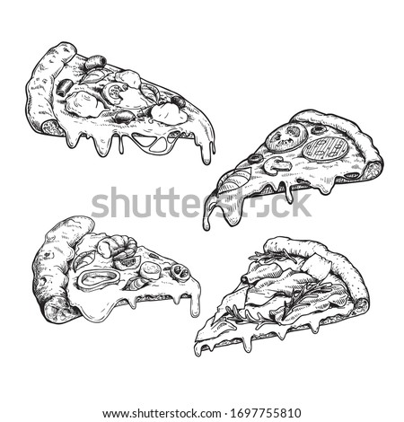 Pizza slices set. Hand drawn sketch style different pizza. Margerita, Frutti di mare, with bacon and arugula, pepperoni. Best for menu designs, packages. Vector illustrations isolated on white.